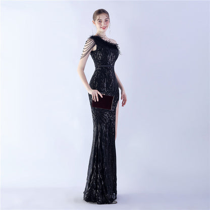 Fur Slant Neck One Shoulder Formal Dress