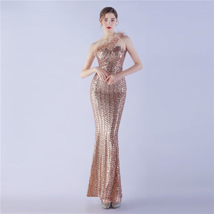 Ostrich Fur One-Shoulder Slant Neck Beaded Maxi Formal Dress