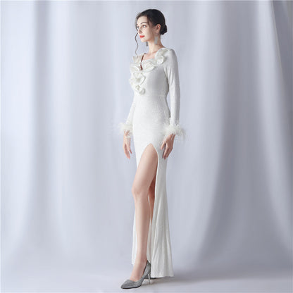 Ostrich Wave Beaded Formal Dress