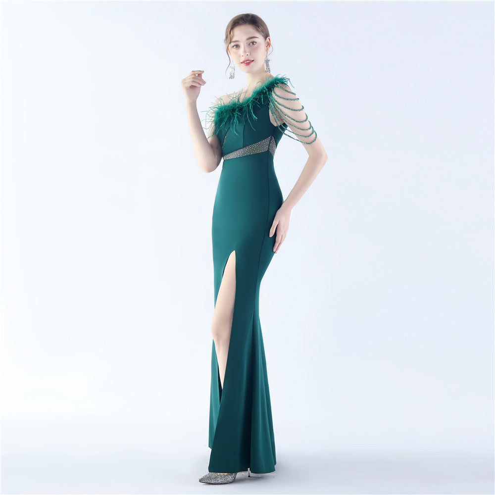 Fur Slant Neck One Shoulder Formal Dress