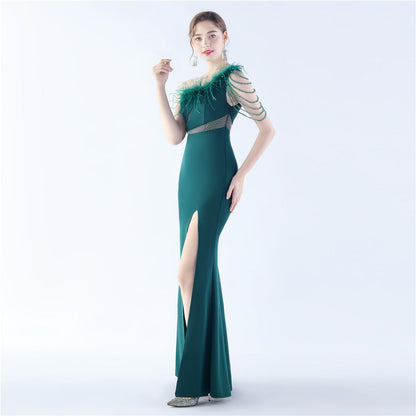 Fur Slant Neck One Shoulder Formal Dress