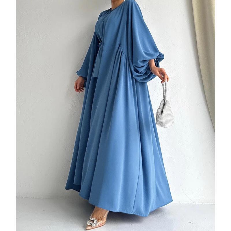 Two Pieces Set Nidha Open Abaya with Bubble Sleeves and Inner Dress