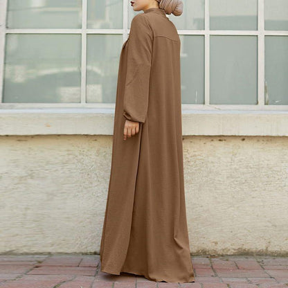 Muslim Style Arabic Style Stand-up Collar Zipper Pockets Abaya Casual Dresses