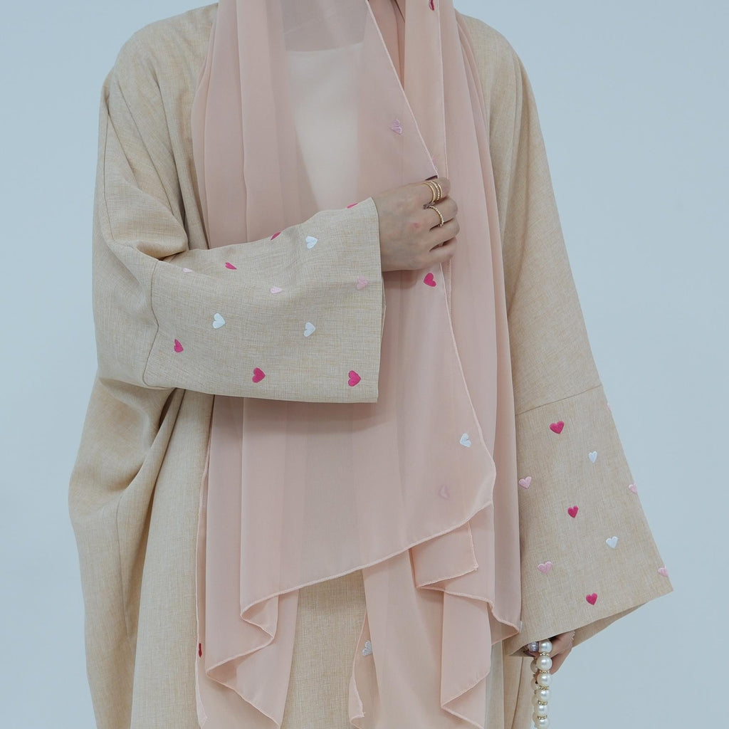 2pcs Set Heart Embroidered Cardigan Robe and Love Hijab
