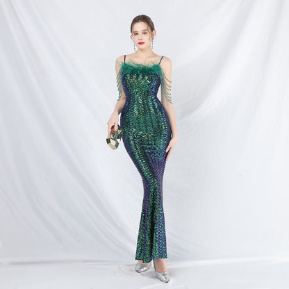 Ostrich Fur Illusion Beaded Formal Dress