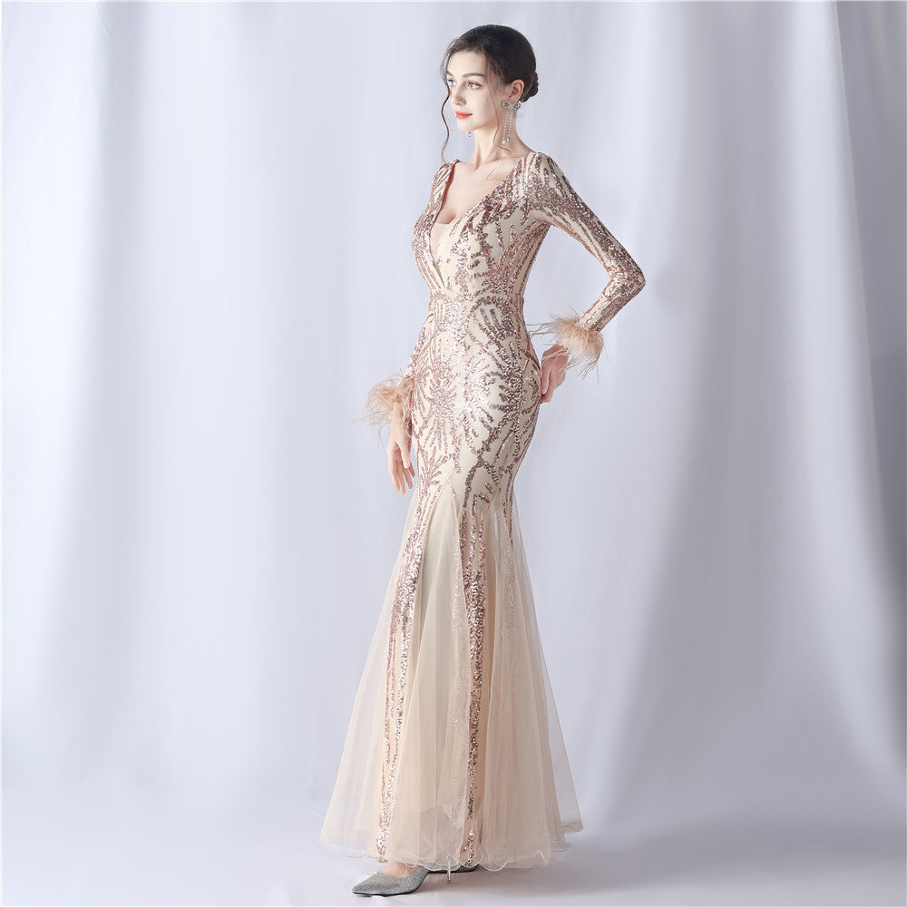 Ostrich Fur Mesh Beaded Formal Dresses