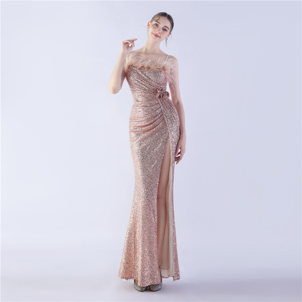 Fur Crafted Flower Formal Dress