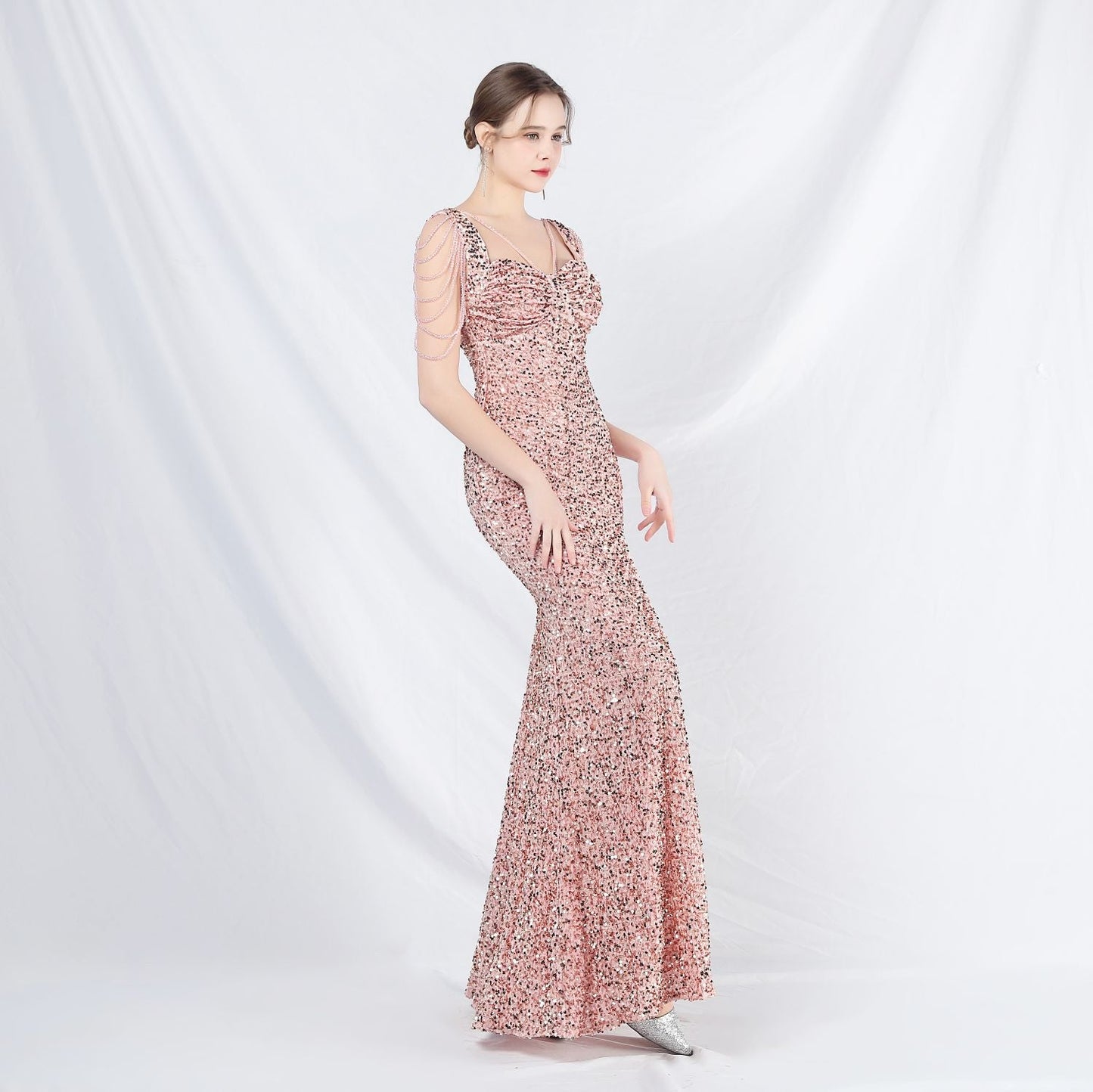 ベルベット裏地ビーズ付きフォーマルドレス