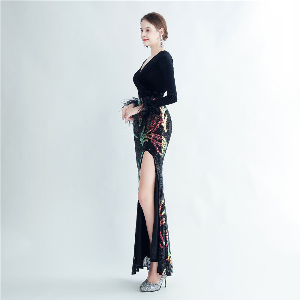Ostrich Beaded Velvet Side Split Formal Dress