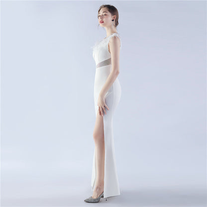 Fur Rhinestone Formal Dress