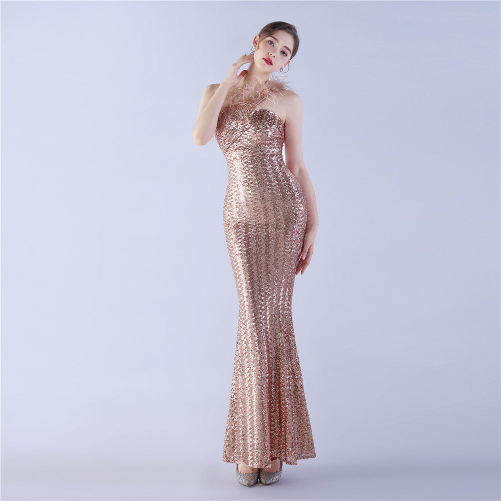 Ostrich Fur One-Shoulder Slant Neck Beaded Maxi Formal Dress