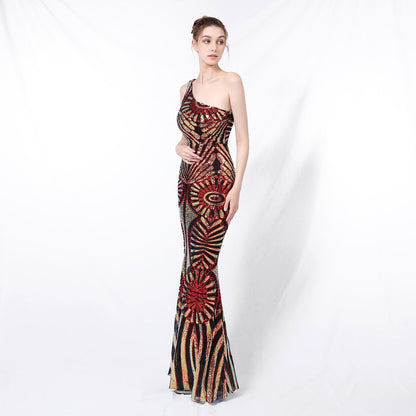 One Shoulder Sequin Fishtail Formal Dress