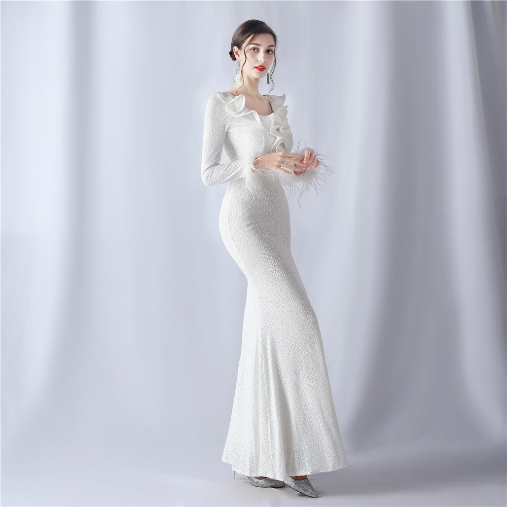 Ostrich Wave Beaded Formal Dress