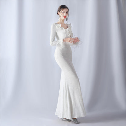 Ostrich Wave Beaded Formal Dress