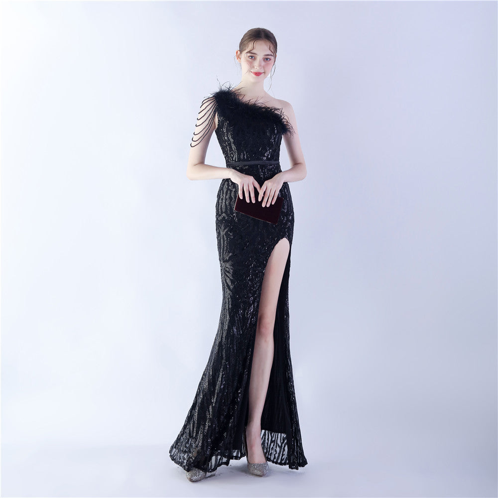 Fur Slant Neck One Shoulder Formal Dress