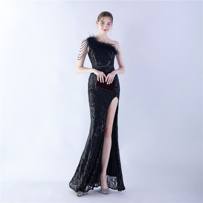 Fur Slant Neck One Shoulder Formal Dress
