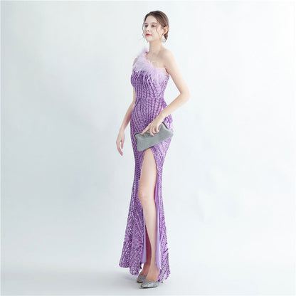 Fur Layered Beaded Formal Dress