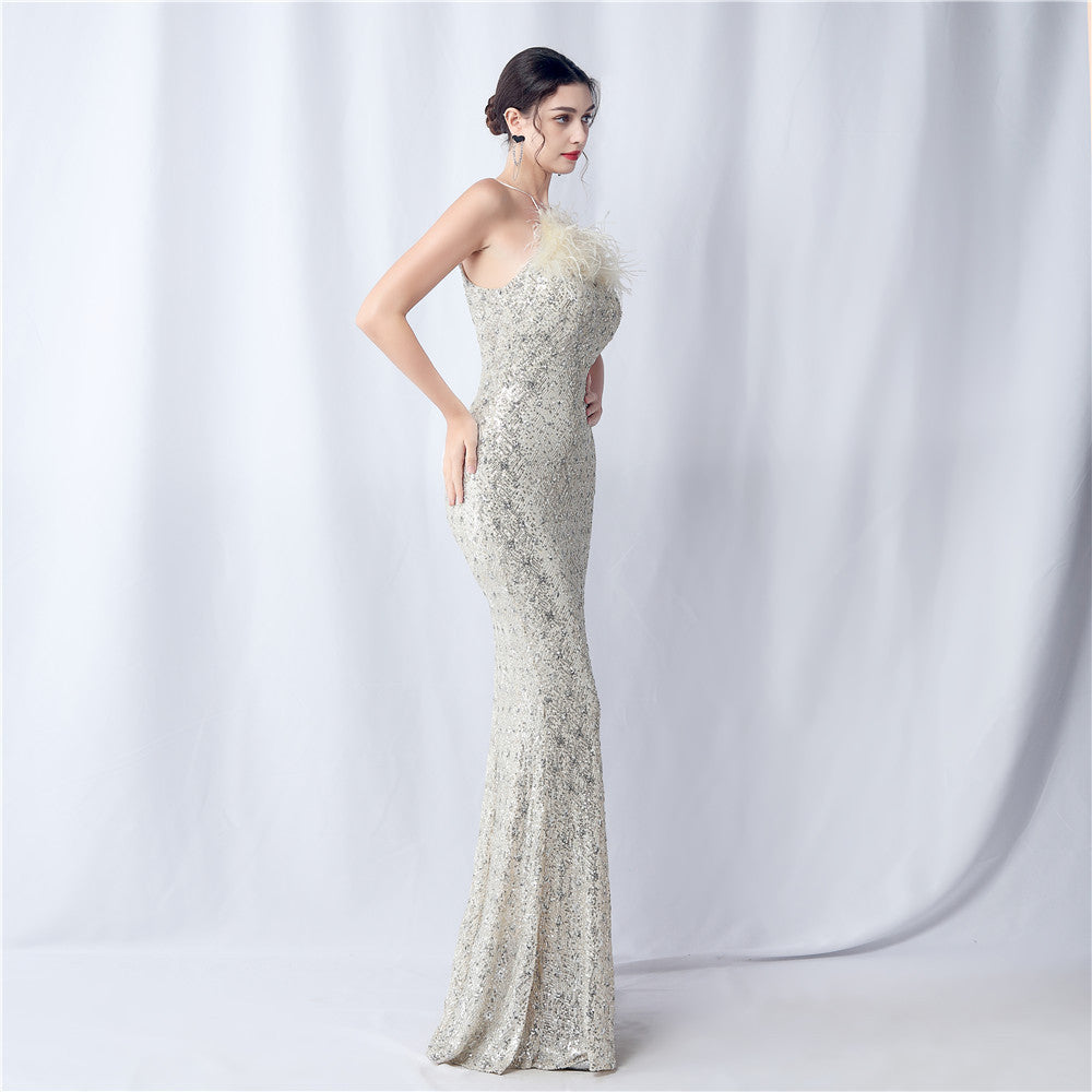 Camel hair and lattice beaded formal dresses