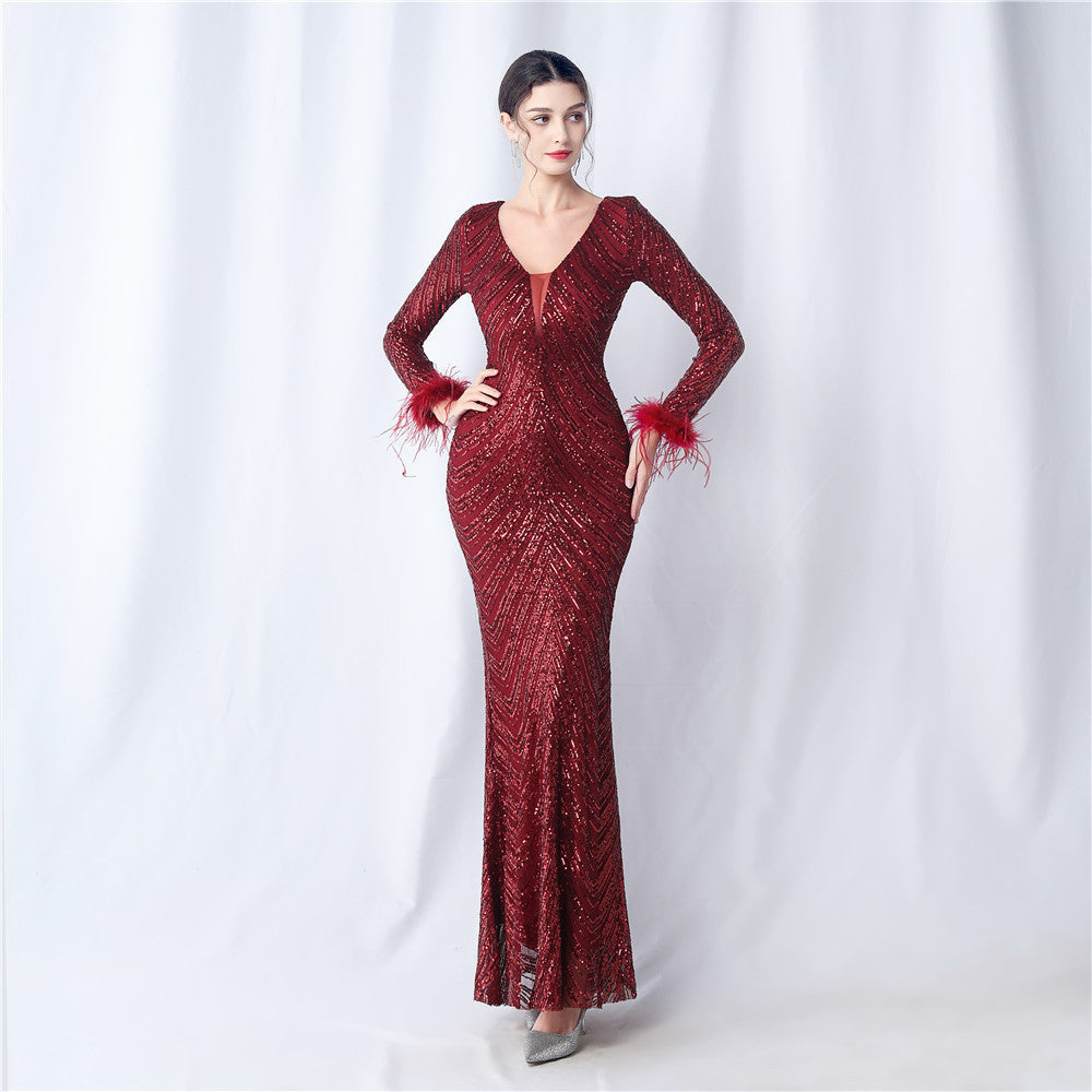 Ostrich Fur Long Sleeve Formal Dress