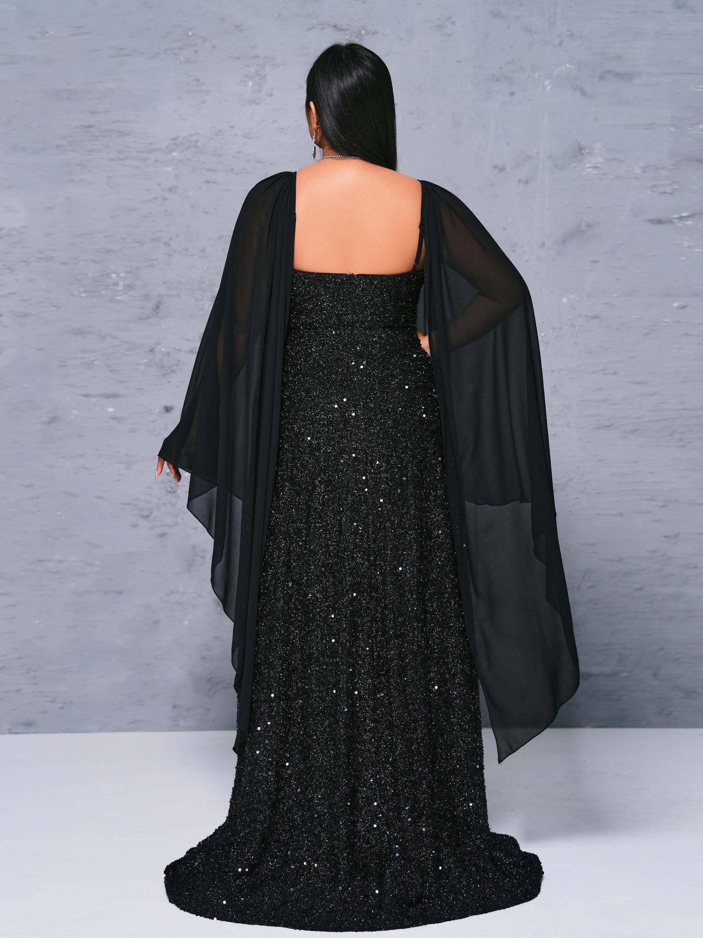 Plus Cape Spaghetti Strap Sequin Dress
