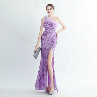 Fur Layered Beaded Formal Dress