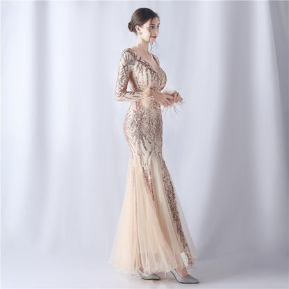 Ostrich Fur Mesh Beaded Formal Dresses