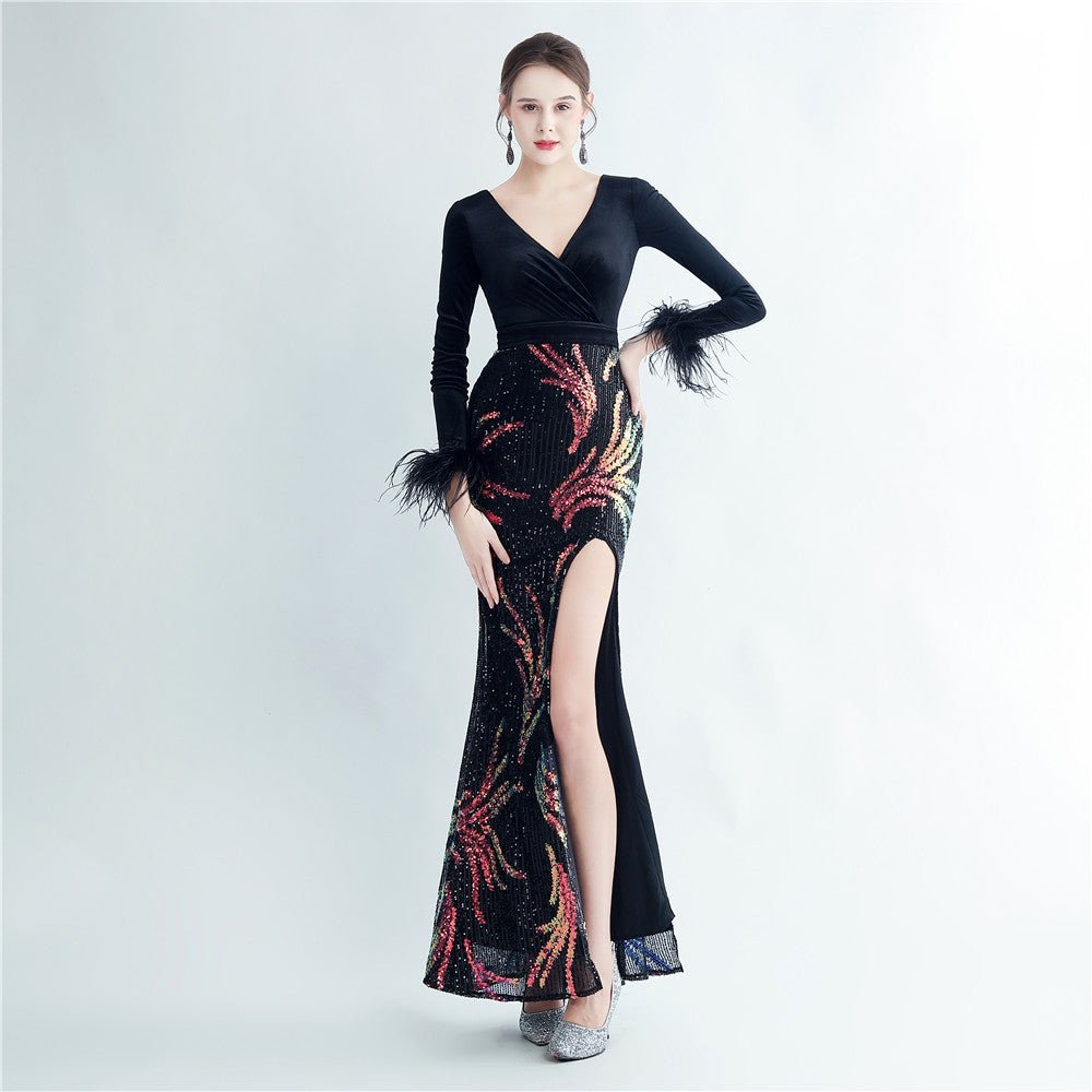 Ostrich Beaded Velvet Side Split Formal Dress