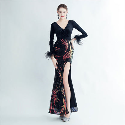 Ostrich Beaded Velvet Side Split Formal Dress