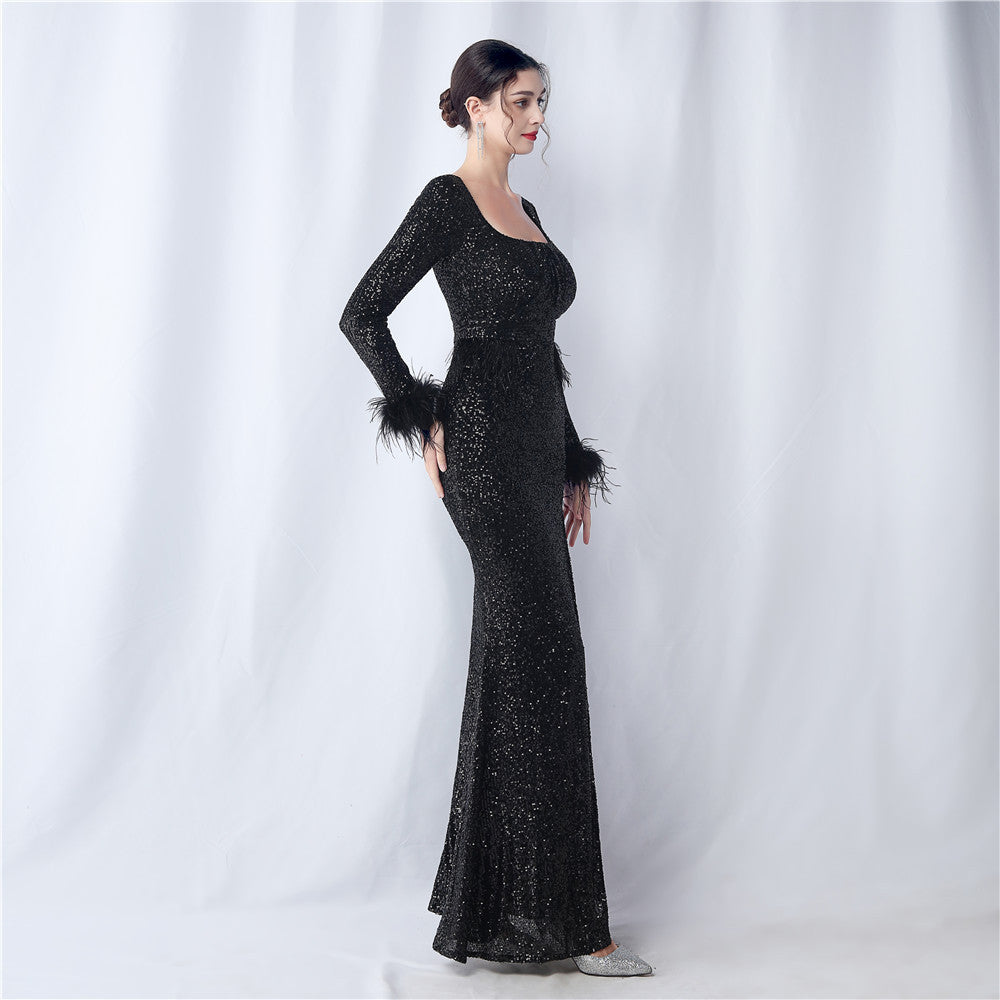 Ostrich Fur Long Sleeve Formal Dress