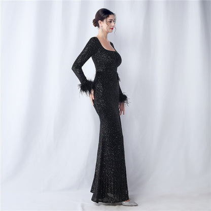 Ostrich Fur Long Sleeve Formal Dress