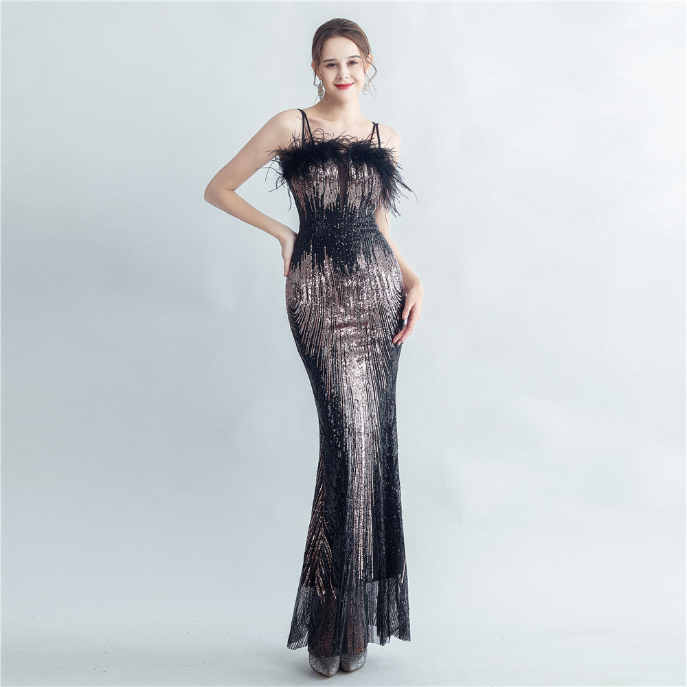 Ostrich Fur Halter Formal Dress