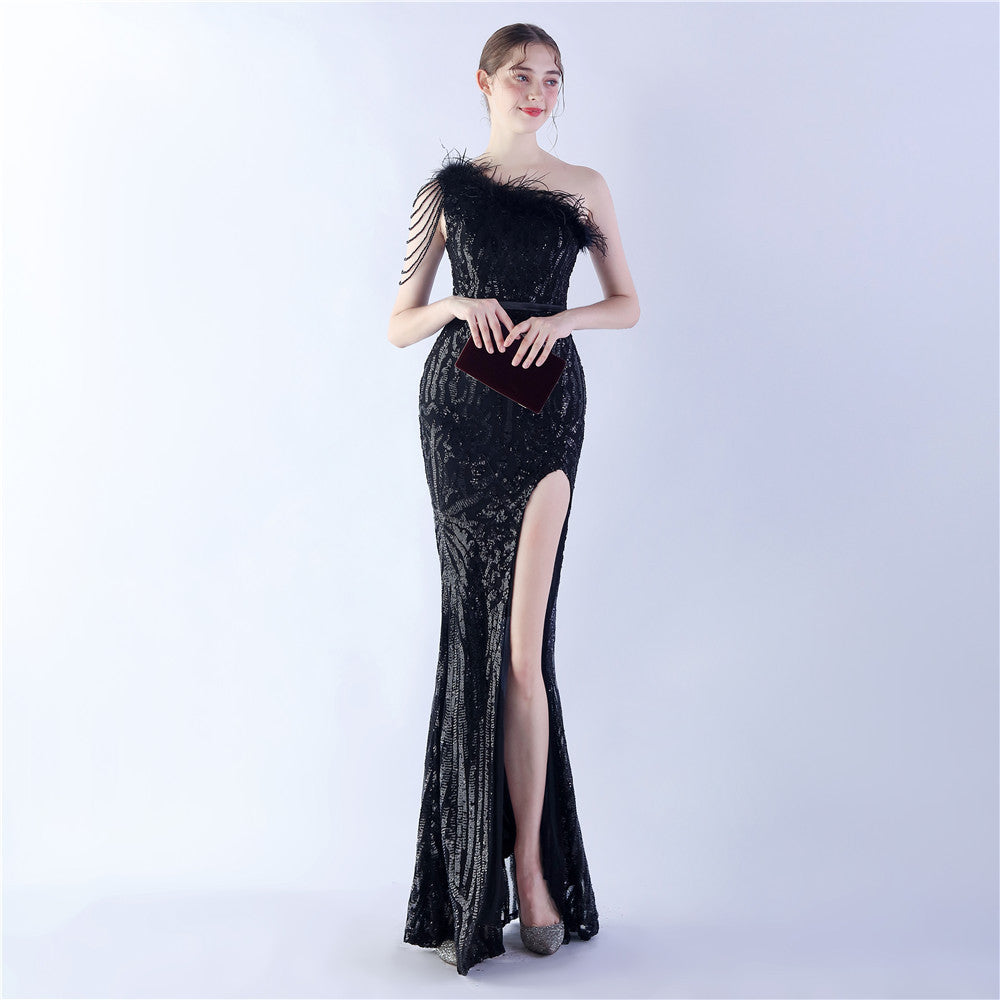 Fur Slant Neck One Shoulder Formal Dress