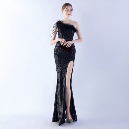 Fur Slant Neck One Shoulder Formal Dress