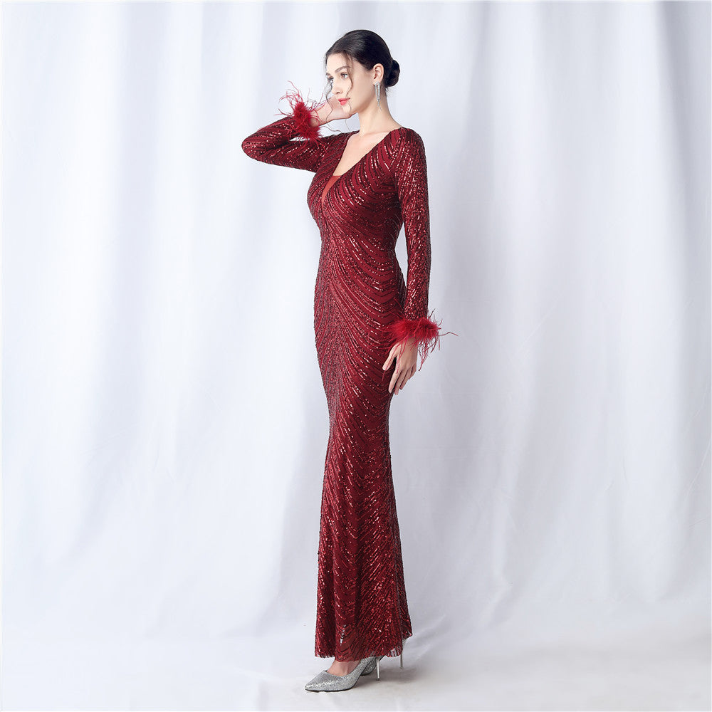 Ostrich Fur Long Sleeve Formal Dress