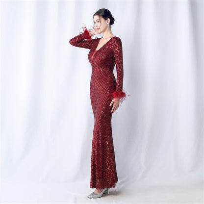 Ostrich Fur Long Sleeve Formal Dress