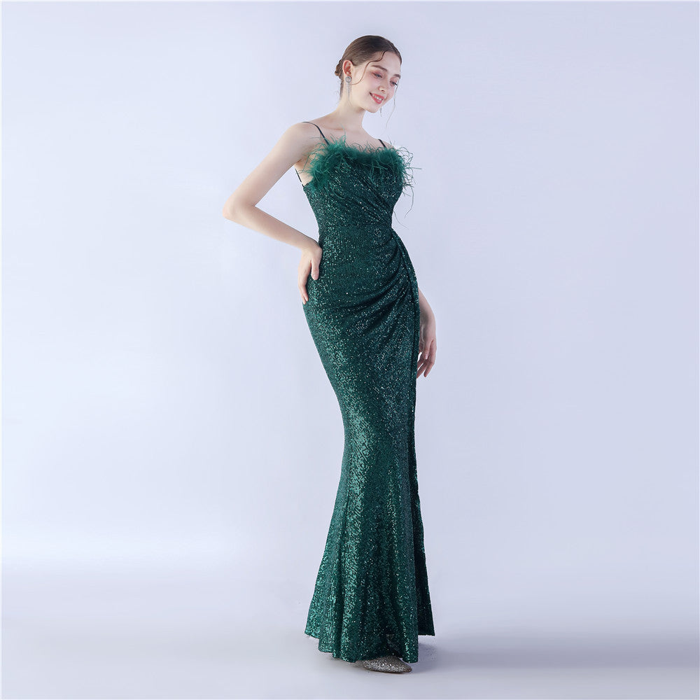 Ostrich Beaded Side Split Formal Dress