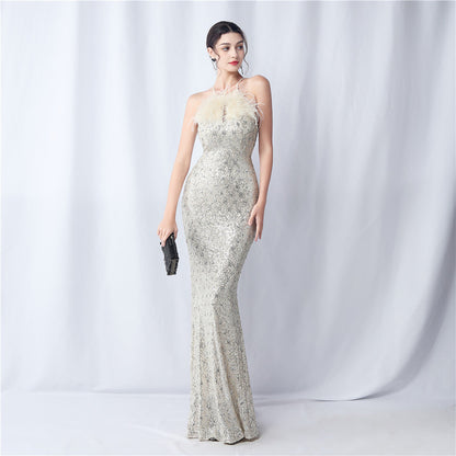 Camel hair and lattice beaded formal dresses
