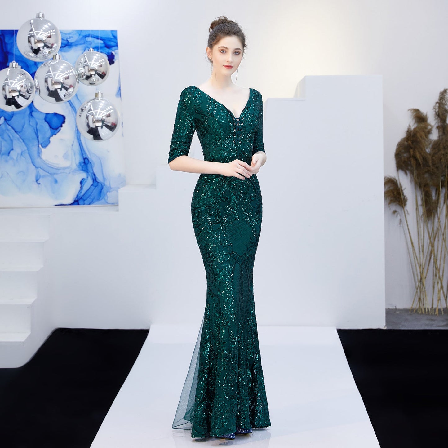 Neck Sequin Formal Dress