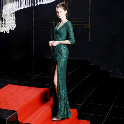 Long Sleeve Sequin Fishtail Formal Dress