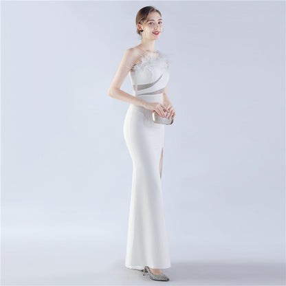 Fur Rhinestone Formal Dress