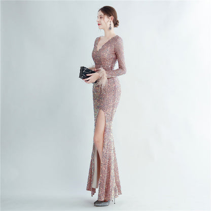 Split Long Sleeve Sequin Formal Dress