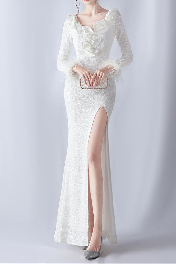 Ostrich Wave Beaded Formal Dress