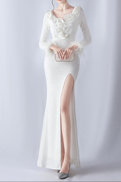 Ostrich Wave Beaded Formal Dress