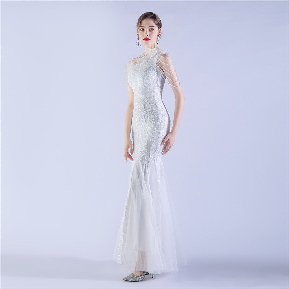 Beaded and Ostrich Fur Sequined Formal Dress