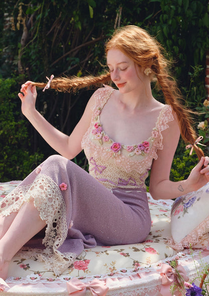 celeste Crochet flowers jersey midi dress in purple