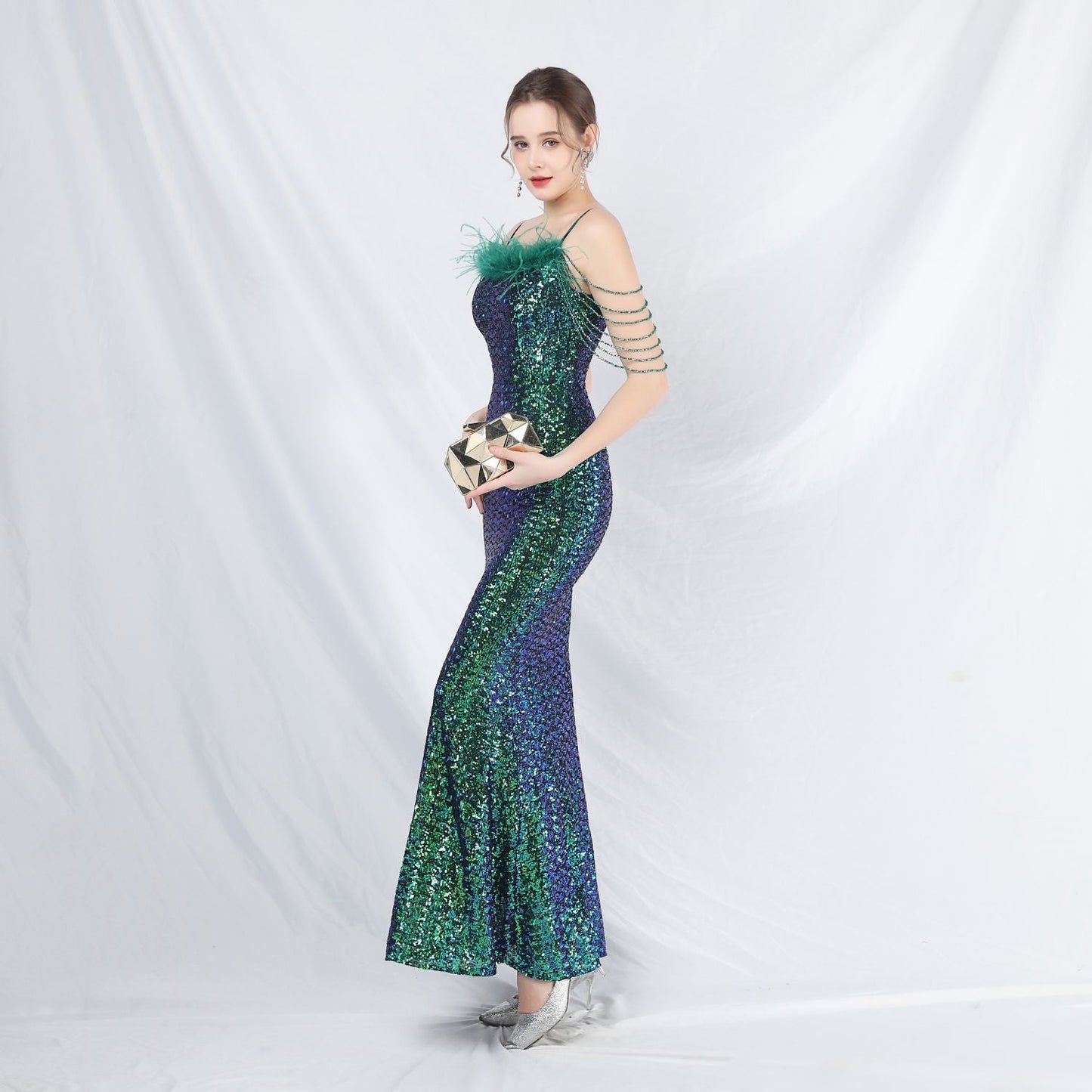 Ostrich Fur Illusion Beaded Formal Dress