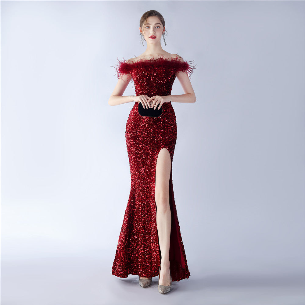 Fur One Shoulder Formal Dress