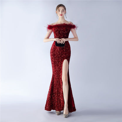 Fur One Shoulder Formal Dress