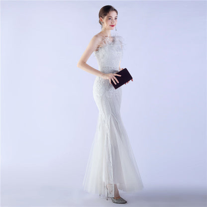 Beaded and Ostrich Fur Sequined Formal Dress