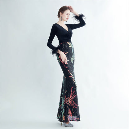 Ostrich Beaded Velvet Side Split Formal Dress